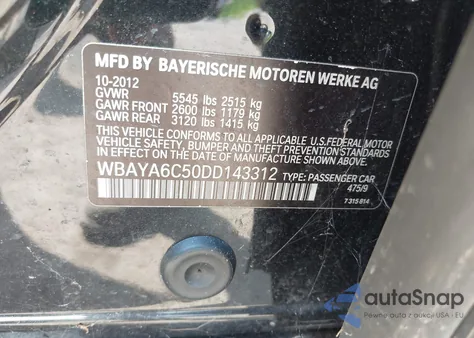 2013 BMW 740I z USA, uszkodzony, nr VIN WBAYA6C50DD143312